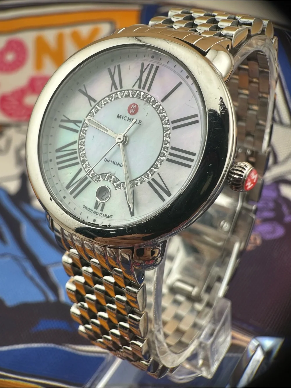 Michele Silver Stainless Steel Diamond Accent Watch with Mother-of-Pearl Dial